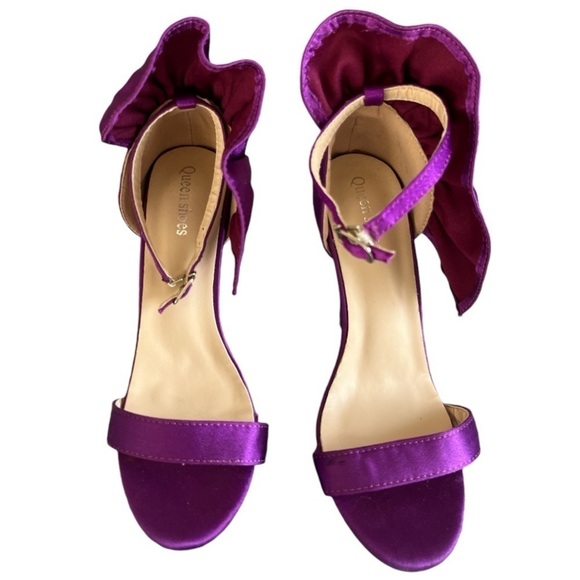 WOMEN'S PURPLE SATIN RUFFLE OPEN TOE STILETTOS SZ 5.5 EU36 - Picture 2 of 7